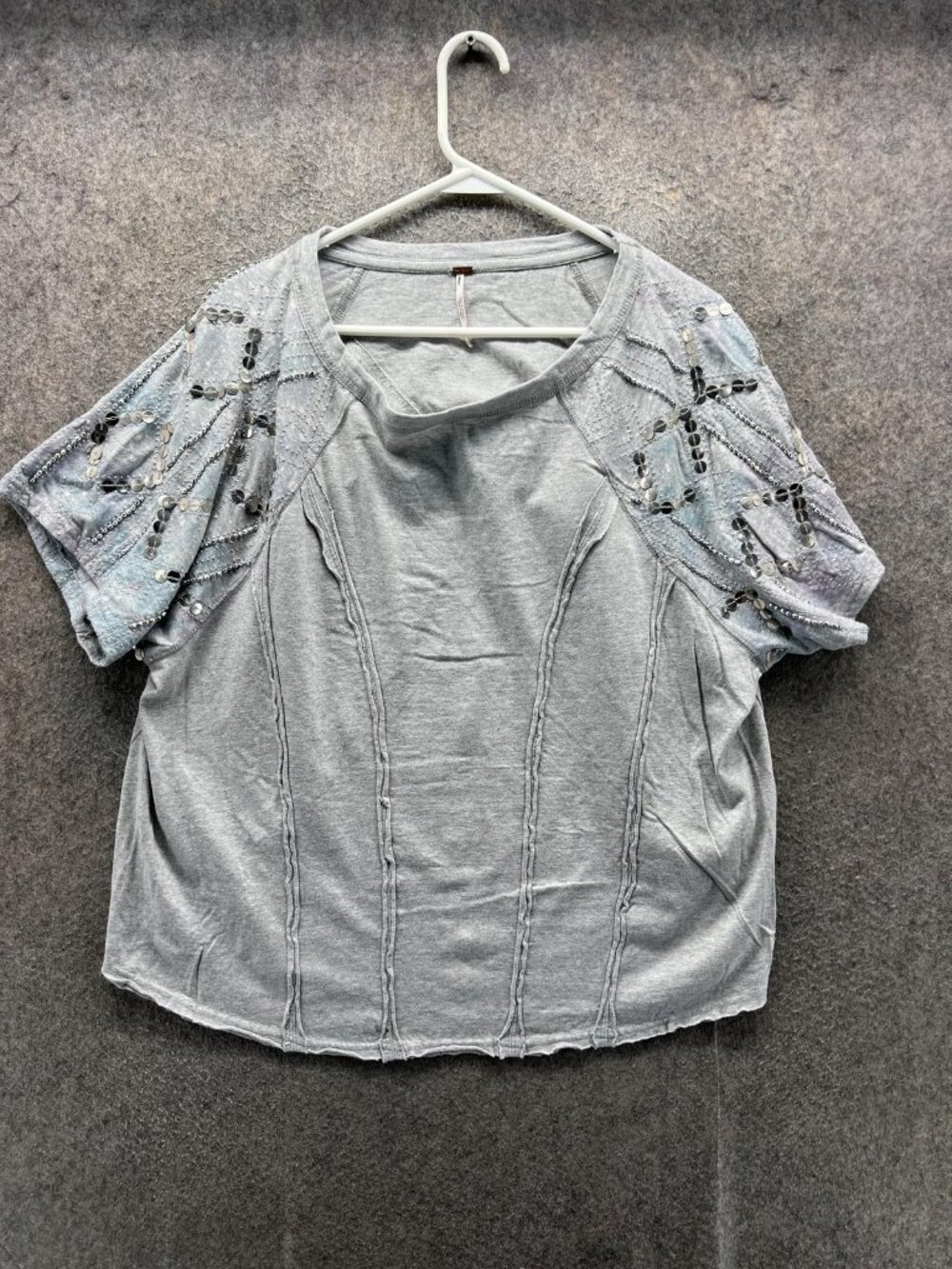 Free People Shirt Womens Small Gray Crew Neck Beaded Sequin Short Sleeve Top